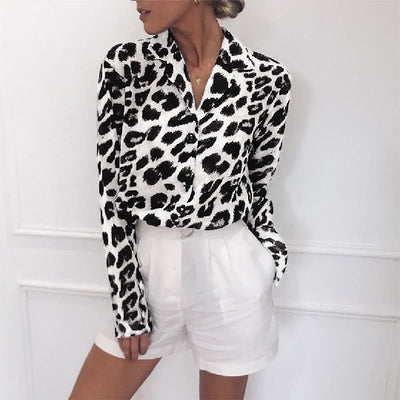 Blusa Vintage Leopardo Manga Larga Cuello Solapa Oficina Talla Grande