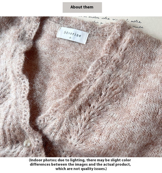Cardigan Mohair Azul Neblina Tejido Cuello V Mangas Abullonadas - Image 19