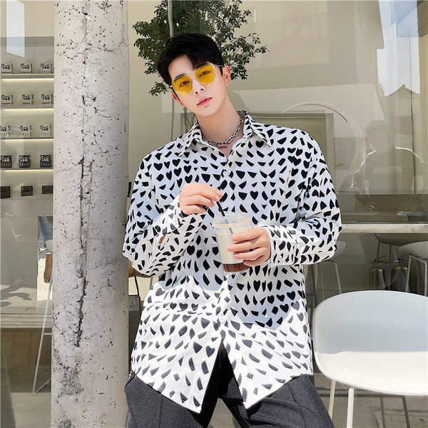 Camisa Manga Larga Hombre Patrón Geométrico Blanco y Negro
