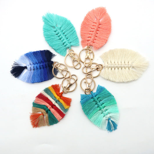 Llavero de Algodón Tejido a Mano con Borla y Dije Hoja Multicolor - Image 3