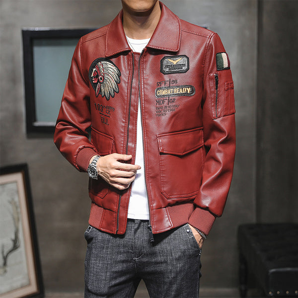 Chaqueta de Cuero PU para Hombre con Bordado en Solapa - Estilo Motociclista