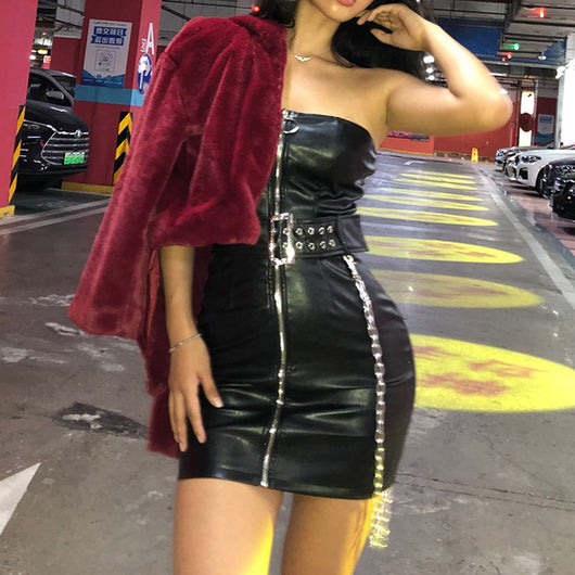Vestido de Hombro Descubierto Otoño PU Mujer - Image 2