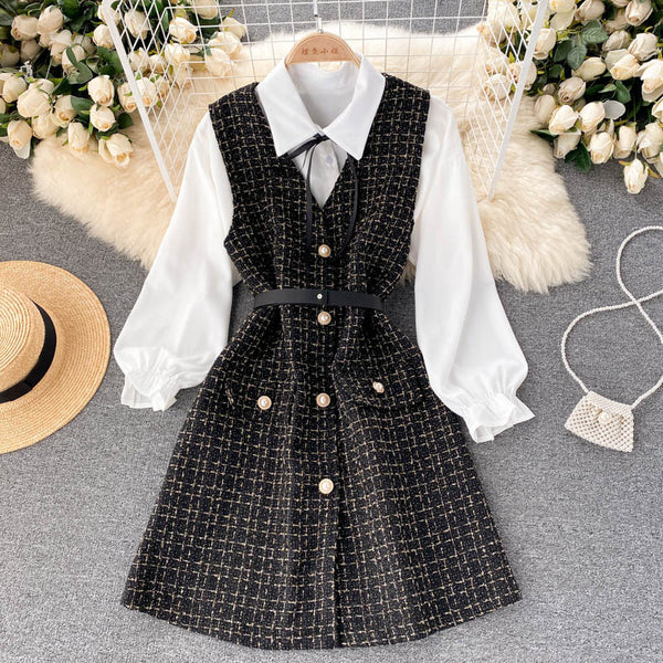 Vestido Houndstooth con Tirantes y Mangas Puff