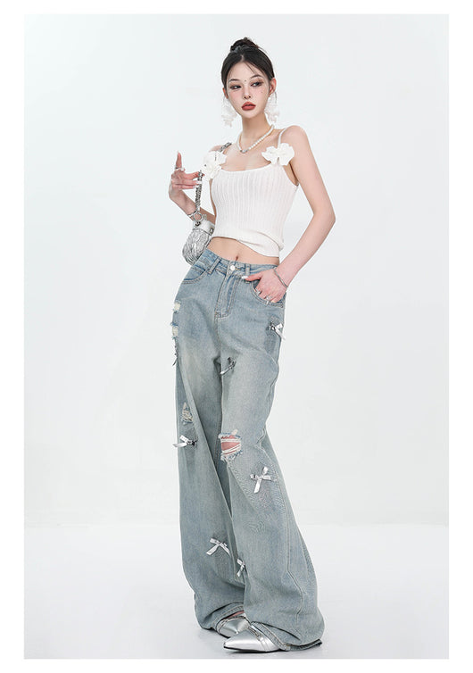Jeans Rectos Retro con Lazada y Rotos para Mujer - Image 16