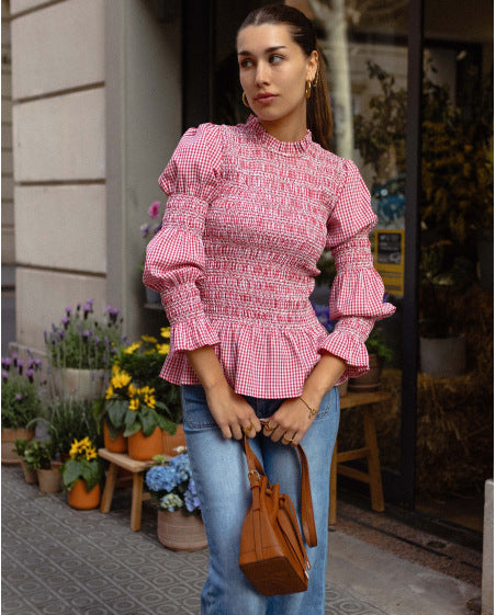Blusa Ajustada con Pliegues y Estampado Cuadros para Mujer - Image 25