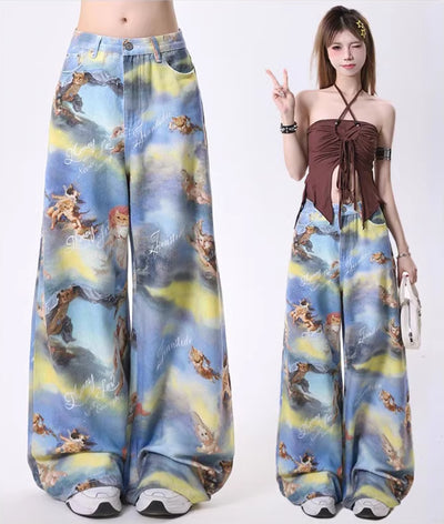 Pantalones Anchos con Estampado Artístico de Ángel y Gatito - Image 7