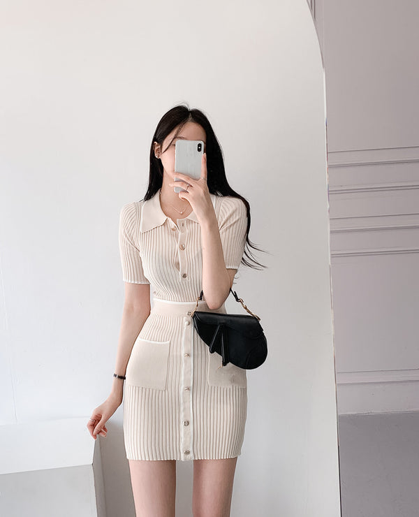 Conjunto Elegante Falda A-Line: Suéter Polo Manga Corta + Falda Plisada