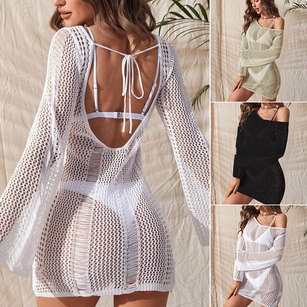 Blusa Bikini Tejida Escotada sin Espalda Manga Larga para Mujer