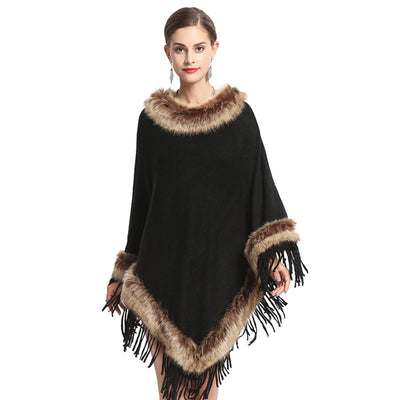 Poncho Tejido con Cuello de Piel Sintética de Zorro y Borlas - Image 4