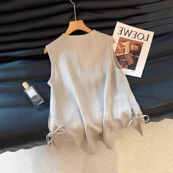 Chaleco de Lino Bordado Escote V Mujer - Elegante, Suelto y Estilizador