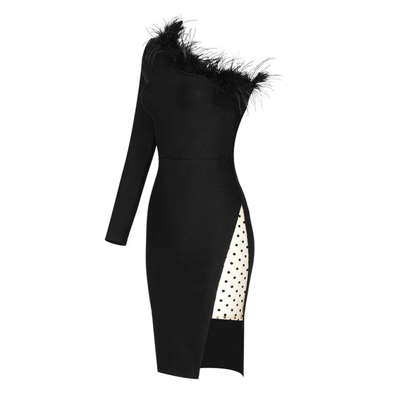 Vestido de Malla con Cuello de Piel Sintética, Hombro Descubierto y Lunares