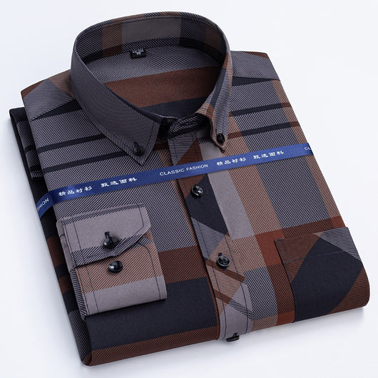 Camisa Casual Antimanchas para Hombre Maduro - Patrón Cuadros Bronce sin Planchado - Image 8