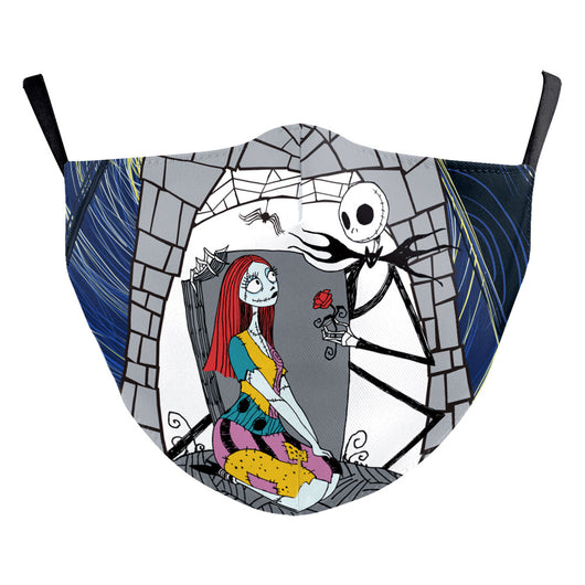 Black double-layer face mask with a repeating pattern of glowing white jack-o'-lantern faces and ear hooks. - Image 33