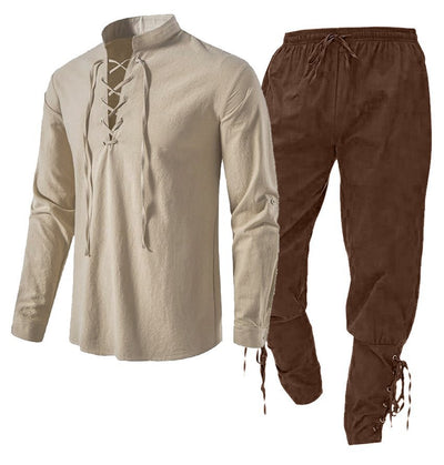 Conjunto de Dos Piezas: Camisa Casual de Lino y Algodón Manga Larga Color Sólido - Image 7
