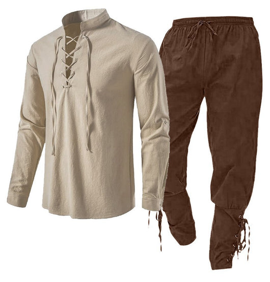 Conjunto de Dos Piezas: Camisa Casual de Lino y Algodón Manga Larga Color Sólido - Image 7