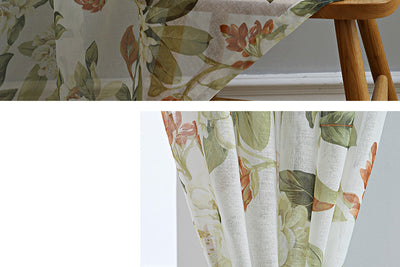 Dark gray semi-sheer curtains with a white and green floral pattern, hung on a black rod in a living room. - Image 23