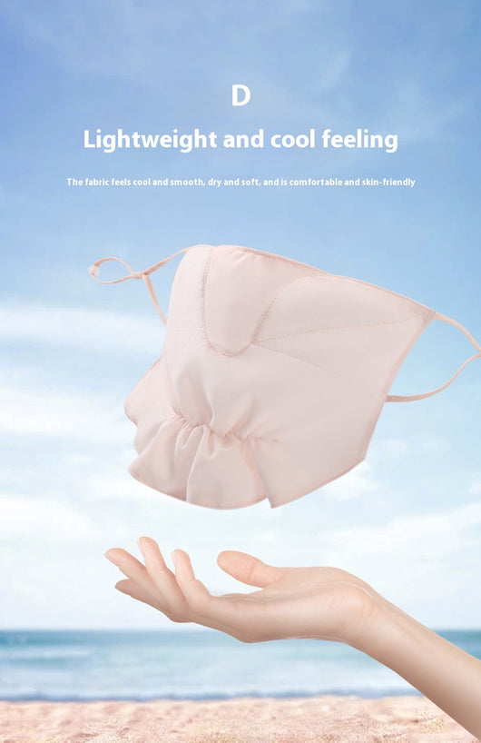 Pink chiffon sun mask with ear hooks, ruffled bottom, and mesh panel for UV protection. - Image 9