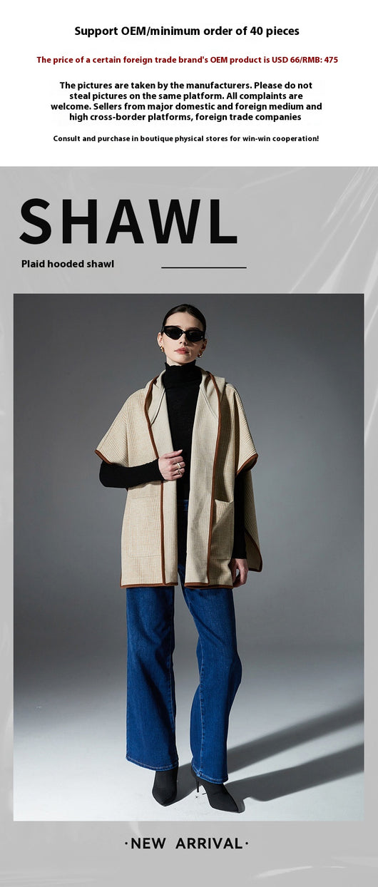 Poncho Chal Cuadrillé Reversible de Lana Doble Faz con Capucha - Image 12