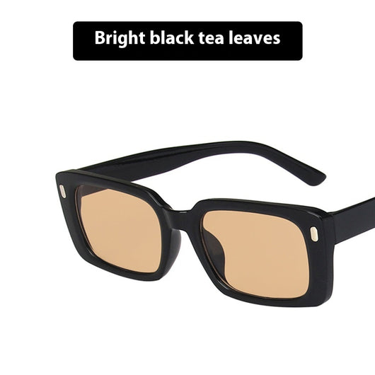 Women's retro hip hop fashion sunglasses with bright black frames, dark gray rectangular lenses, and gold accents. - Image 3