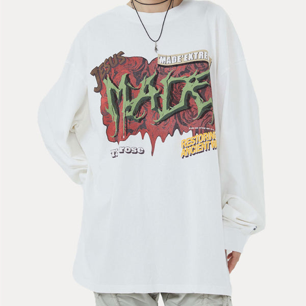 Playera Holgada con Estampado de Letras para Parejas - Manga Larga