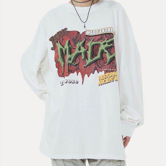 Playera Holgada con Estampado de Letras para Parejas - Manga Larga