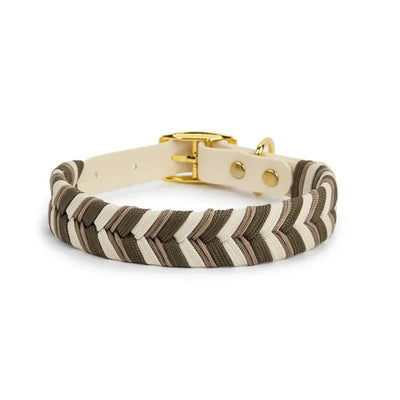 Braided dog collar with chevron pattern in cream and brown, featuring a cream strap and gold-tone metal buckle. - Image 12
