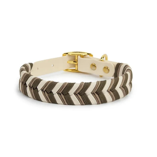Braided dog collar with chevron pattern in cream and brown, featuring a cream strap and gold-tone metal buckle. - Image 12