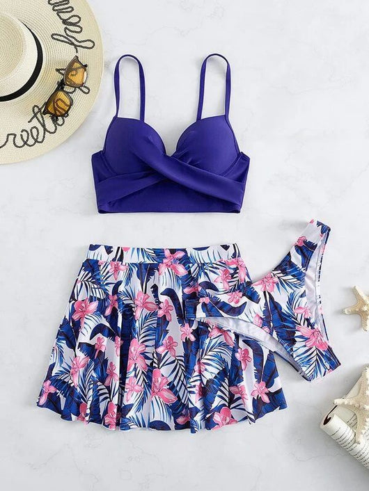 Fuchsia tropical print three-piece swimsuit with high-waisted swim skirt and matching bikini bottoms. - Image 13