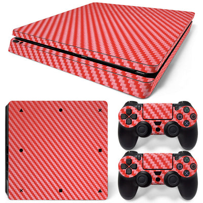 Pink carbon fiber patterned stickers for a PS4 Slim console and two controllers, showing a woven texture. - Image 10