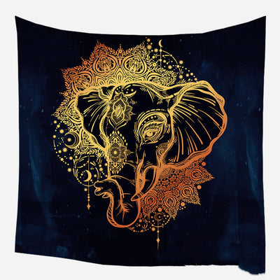 Golden crescent moon and woman silhouette tapestry with a floral crown against a dark blue starry background. - Image 39