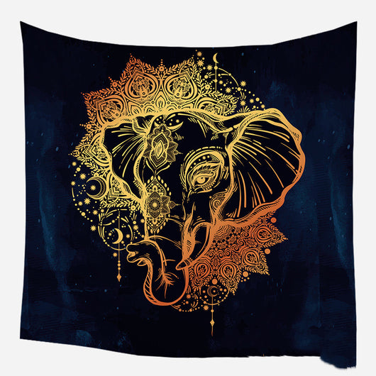 Golden crescent moon and woman silhouette tapestry with a floral crown against a dark blue starry background. - Image 39