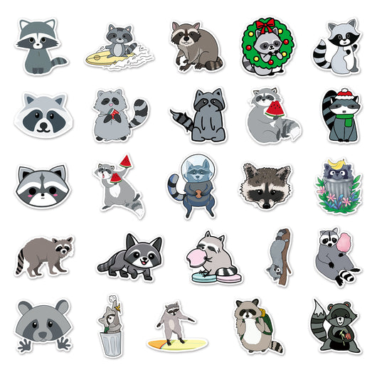 50 unique cute raccoon stickers in various cartoon styles, including raccoons with party hats, wreaths, and holding items. - Image 4