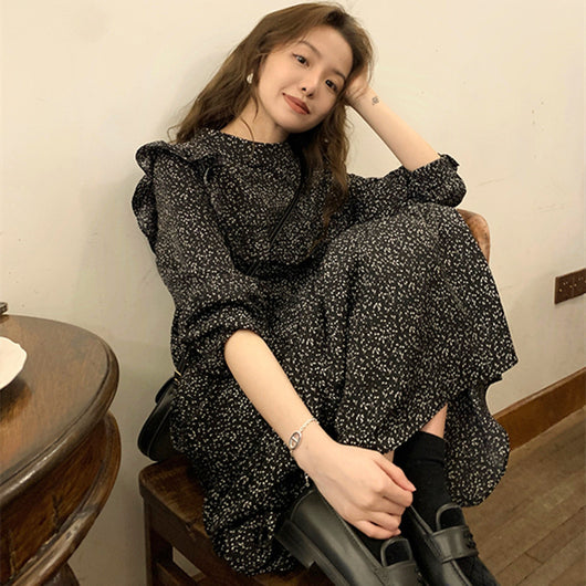 Vestido Floral Francés Negro con Costura en Cintura para Mujer