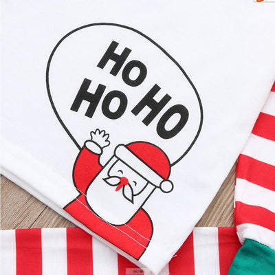 White, red, and green striped pajama set with a cartoon Santa Claus and "HO HO HO" text on the top. - Image 3