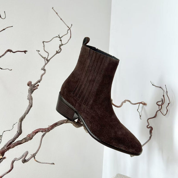 Botas Tobilleras Estilo Francés en Cuero Genuino con Punta Cuadrada y Tacón Robusto