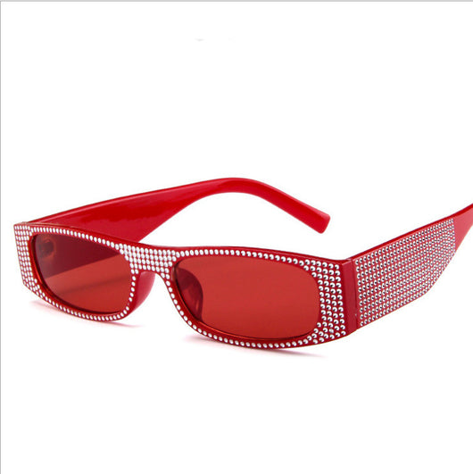 Yellow rectangular sunglasses with clear rhinestone-studded frames and matching yellow lenses. - Image 15