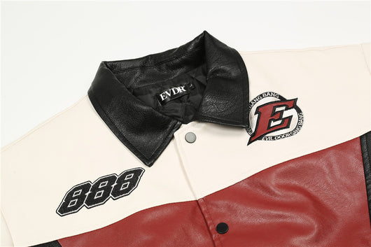 Chaqueta de Cuero PU con Letras Bordadas y Contraste de Colores para Hombre - Image 8