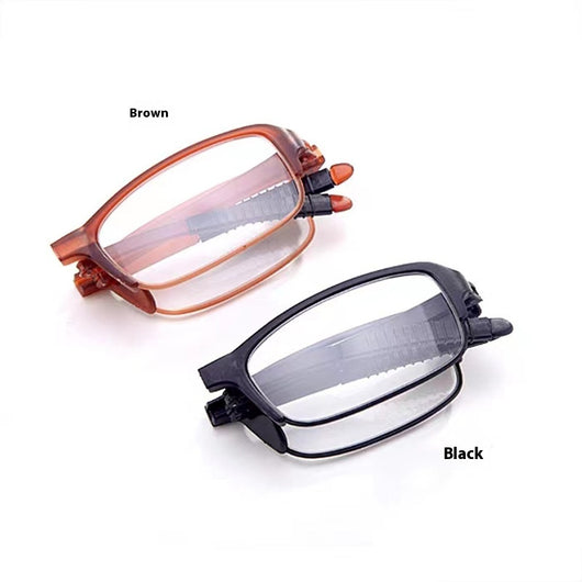 Two pairs of folding anti-blue light reading glasses, one brown and one black, partially folded on a white surface. - Image 4