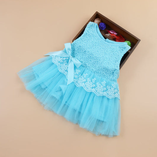 Vestido Infantil Niña Verano sin Mangas con Encaje y Moño