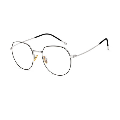 Silver metal anti-blue light glasses with rounded hexagonal clear lenses and black temple tips on a white background. - Image 7