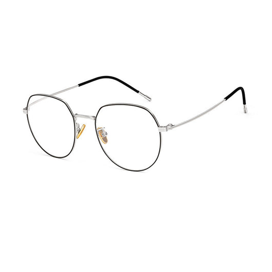 Silver metal anti-blue light glasses with rounded hexagonal clear lenses and black temple tips on a white background. - Image 7