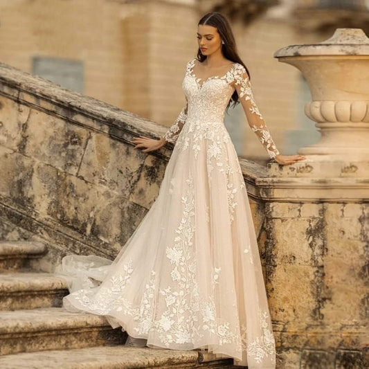 Vestido de Novia Manga Larga Estilo Mori Cuello Redondo Minimalista