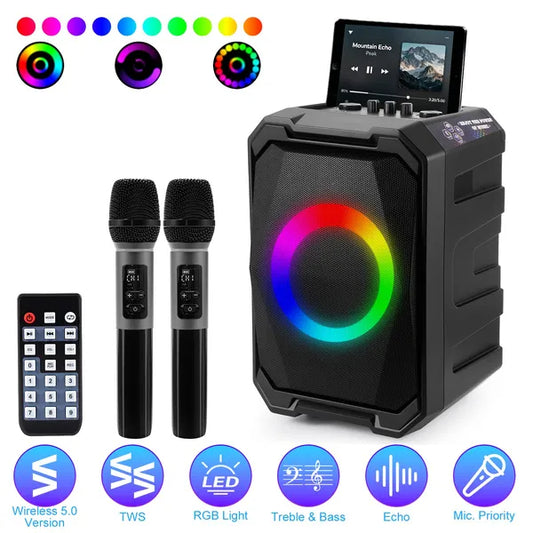 Parlante Portátil Inalámbrico para Fiestas con Luces LED, 2 Micrófonos y Control Remoto