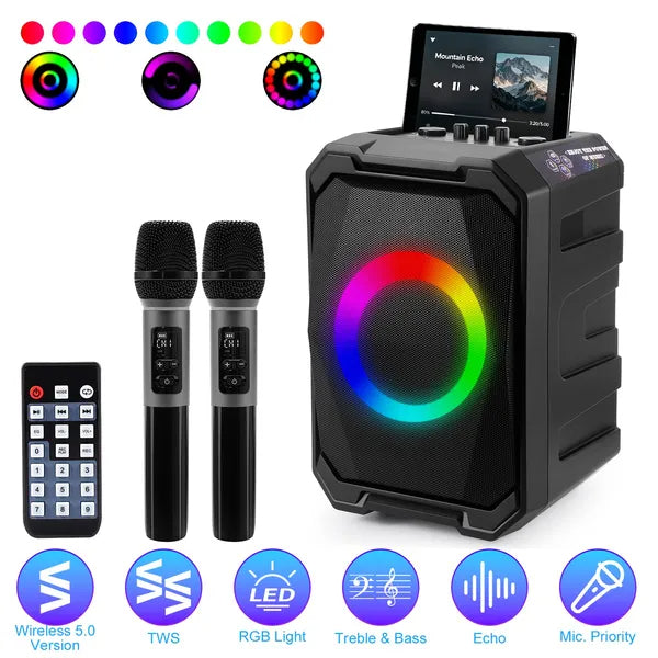 Parlante Portátil Inalámbrico para Fiestas con Luces LED, 2 Micrófonos y Control Remoto