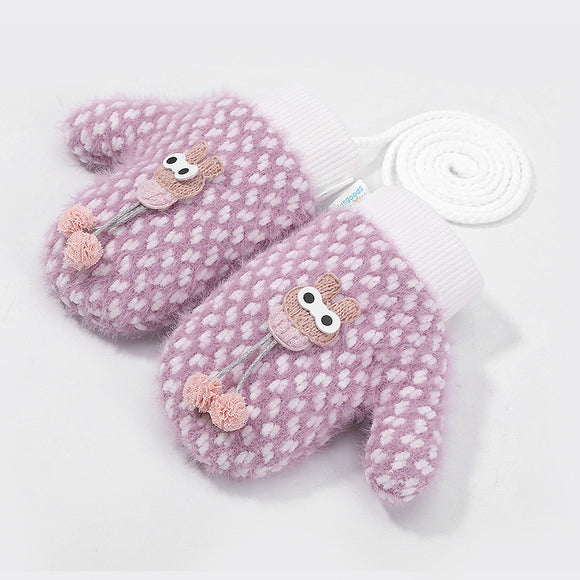 Warm knitted gloves for kids, winter outdoor windproof with velvet lining and cartoon designs