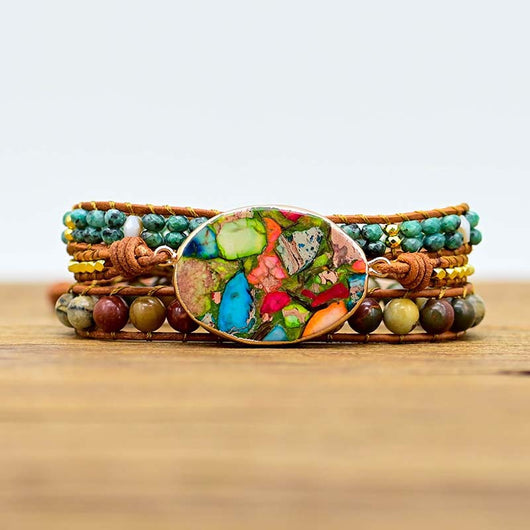 Pulsera de Cuero Natural con Piedras de Colores Combinados - Image 8