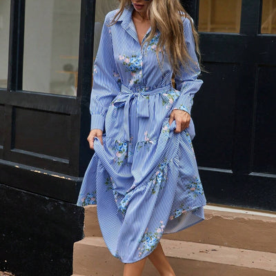 Vestido Camisero Largo con Estampado de Flores a Rayas