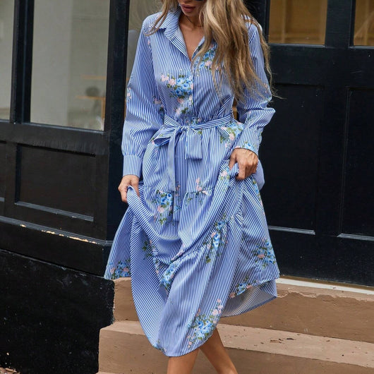 Vestido Camisero Largo con Estampado de Flores a Rayas