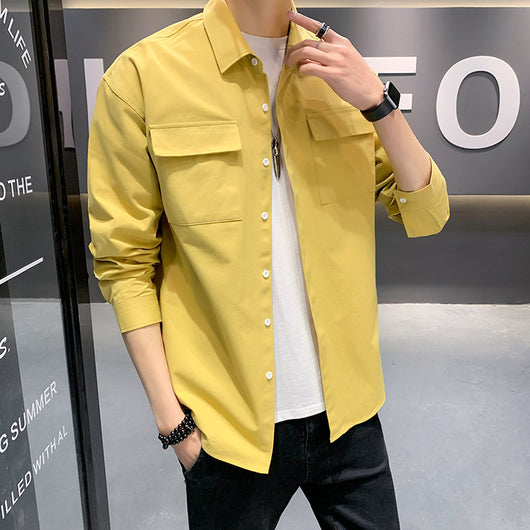Camisa Holgada de Manga Larga con Bolsillos - Colores Sólidos para Hombre - Image 3