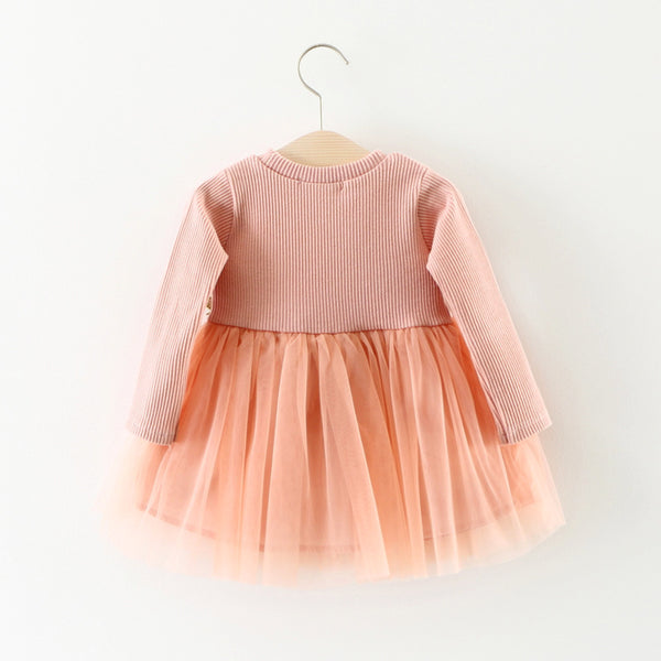 Vestido Princesa Infantil de Manga Larga con Flores en la Cintura